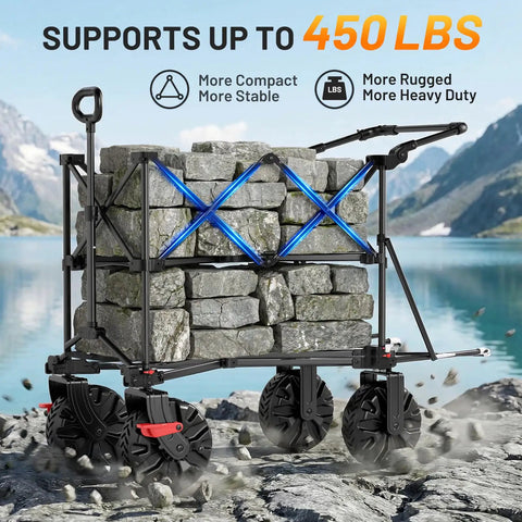 Push And Pull Double Decker Wagon With 400 Liter Capacity And 450 Pound Load Plus Dual Mode Adjustable Handle in rocky terrain