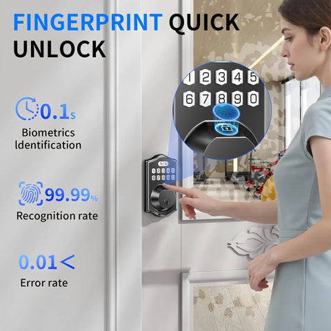 Front Door Smart Deadbolt With 0.3 Second Fingerprint Unlock, 100 Fingerprints And 100 Codes, Keyless Entry Digital Keypad shown in use