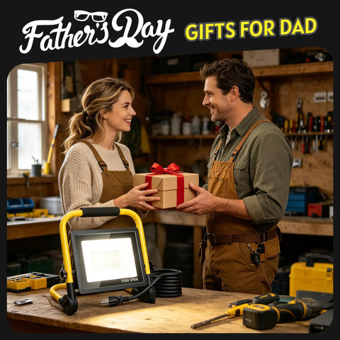 Gift wrapped High Bright 10000LM LED Work Light Portable Flood Light With Five Foot Cord IP66 Waterproof for Father's Day in workshop.
