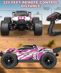 Side and front view of pink remote control car for girls 1 to 18 scale super fast 4WD off road RC truck reaches forty kilometers per hour