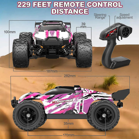 Side and front view of pink remote control car for girls 1 to 18 scale super fast 4WD off road RC truck reaches forty kilometers per hour