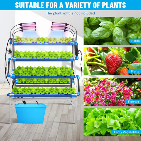 A Type Hydroponics Growing System Kit with 72 plant sites, food-grade PVC U pipes, growing herbs, fruits, flowers, and vegetables indoors.