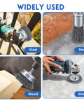 Coarse Carbon Steel Drill Wire Brush Set With Ten Piece Bundle Including Pen Wheel And Cup Brushes One Quarter Inch Hex Shank Built For Rust Busting Stripping And Tough Abrasive Cleaning On Metal Surfaces used on steel and wood