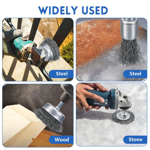 Coarse Carbon Steel Drill Wire Brush Set With Ten Piece Bundle Including Pen Wheel And Cup Brushes One Quarter Inch Hex Shank Built For Rust Busting Stripping And Tough Abrasive Cleaning On Metal Surfaces used on steel and wood