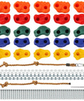 Gear Up And Crush Your Next Session With This Solid Rock Climbing Holds Kit Featuring Twenty Five Multi Colored Grips and heavy duty rope.
