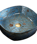 Slick Blue Ceramic Vessel Sink Featuring Hand Painted Vintage Design For Bathroom Vanity Tops with floral patterns and bronze accents.