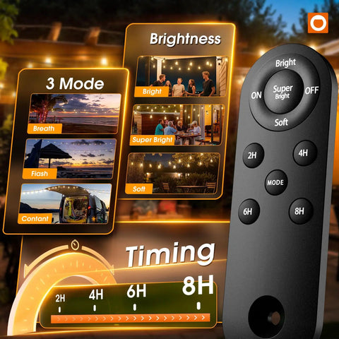 Remote control with options for 54 Foot Solar String Lights With USB Charging And Remote Control Dimmable LED Bulbs For Outdoor Porch Garden Yard Market Or Bistro Waterproof Three Brightness Modes And Three Light Modes