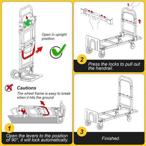 Assembly instructions for 3-in-1 Aluminum Hand Truck Dolly With 600 Lb Capacity, step-by-step folding and unfolding guide.