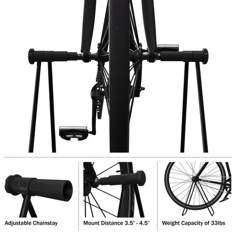 Foldable Bike Repair Stand For Maintenance And Repairs With Adjustable Chainstay Mounts showing adjustable features and wheel setup