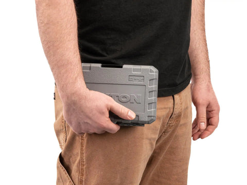 Person holding a case containing Three Eighths Inch Drive Triple Square Socket Set Eight-Piece With Case S2 Steel XZN Bits