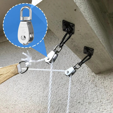18 Pack M15 Stainless Steel Pulley Blocks With Swivel Hooks For Rope Lifting And Towing, Anti Rust Durable Single Pulley Block For Camping Hiking DIY Rigging, Wire Rope Handling, Outdoor Adventures And More Built Like A Tank on rope rigging under a beam