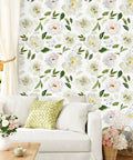Swoon Worthy Green Floral Peel And Stick Wallpaper For Epic Boho Wall Upgrades With Chill Self Adhesive Botanics Serving Major Room Vibes And Super Easy Removable DIY Decor Rolls on living room wall with sofa and decor.