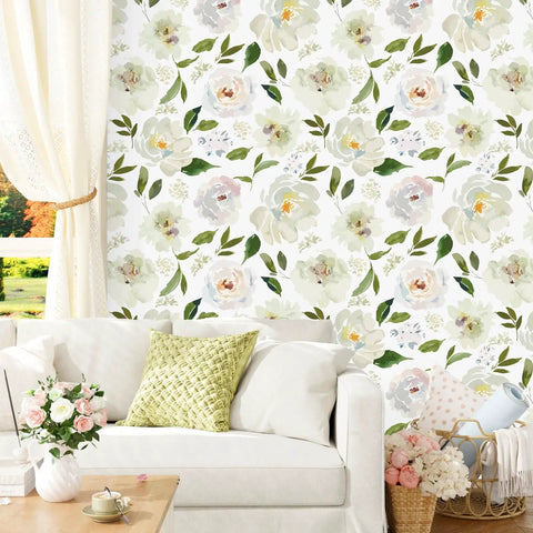 Swoon Worthy Green Floral Peel And Stick Wallpaper For Epic Boho Wall Upgrades With Chill Self Adhesive Botanics Serving Major Room Vibes And Super Easy Removable DIY Decor Rolls on living room wall with sofa and decor.
