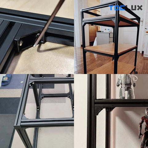 Heavy Duty Black Anodized 2020 Aluminum Extrusion Connector Kit With 40 Pro Grade Corner Brackets M5 Sliding T Nuts And Hex Screws for building a multi-shelf frame.