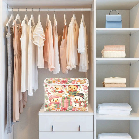 Heavy Duty Foldable Storage Bin With Flip Top Lid And Reinforced Handles For Home Bedroom Office Shelves, decorated in festive design.
