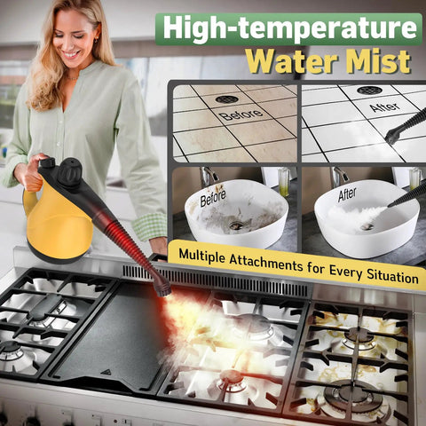 Heavy Duty Handheld Steam Cleaner With 11 Piece Accessory Set And Quick Heating 230 Degree Hot Steam For Tile Grout And Car Care Cuts Right Through Grease Works Like A Champ Totally Chemical Free in use on stove and sink.
