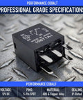 Universal Fit 2 Pack 12V 5 Pin Automotive Fuel Pump Relay Waterproof Heavy Duty Switch Black on textured surface.