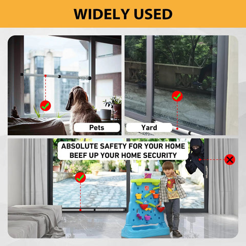 Adjustable Sliding Door Security Bar With Rubber Tips 18.5 To 51 Inches White Multi Use Patio Door And Window Security Bar Strong Steel Construction For Durable Protection Included In A Two Bar Pack, securing various sliding doors and windows with visible rubber tips and steel bars.