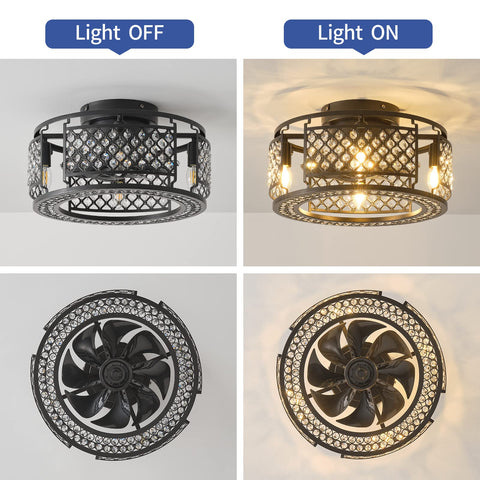 18 Inch Lit Crystal Lantern Ceiling Fan Light With Remote Industrial Chandelier Style Black Finish Includes Bulb K9 Crystal Cage 8 Blades