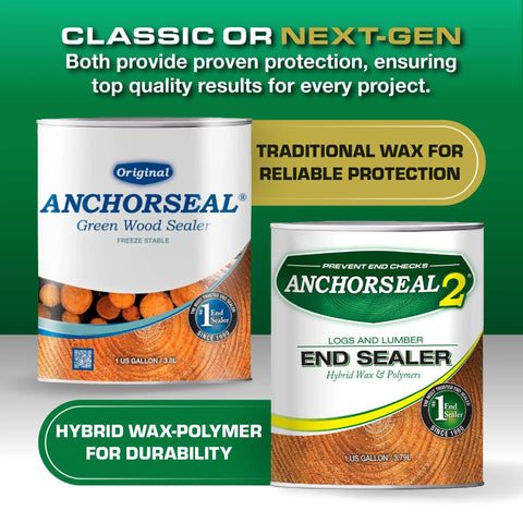 End Grain Sealer For Logs And Lumber That Prevents Up To Ninety Percent Of End Grain Checking On Drying Wood Decks Turning Blanks And Bowls Pro Grade Green Wood Sealer Gallon cans showing original and 2 versions.
