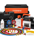 Front view of VIVOHOME VG Series 2-stage vacuum pump with 4-way manifold gauge kit, hoses, and carrying case