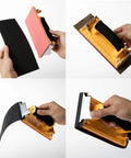 User handling sandpaper applicator for 18 Piece Wet Dry Sandpaper Kit 120 To 3000 Grit For Metal Wood Automotive And Furniture.