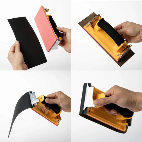 User handling sandpaper applicator for 18 Piece Wet Dry Sandpaper Kit 120 To 3000 Grit For Metal Wood Automotive And Furniture.