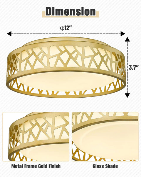 Dimensions of Sleek Dope 12 Inch LED Flush Mount Ceiling Light with Gold Finish and White Glass Shade, 3.7-inch height