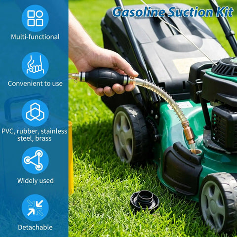 Portable Manual Gas Transfer Pump With Five Eighth Inch High Flow Siphon Hose And Dual PVC Hoses For Quick Gas And Water Transfer, Easy Hand Pump Sucker Tool For Fast Liquid Transfer, used on lawn mower