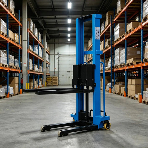 Heavy Duty Electric Pallet Jack Stacker And Forklift Lift Truck For Warehouse Operations Compact Portable Material Handler shown in storage area.