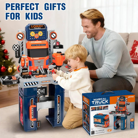 Child playing with Ultimate Kids Tool Bench Set With Realistic Drill And Power Saw for Tiny Builders aged 3 to 8