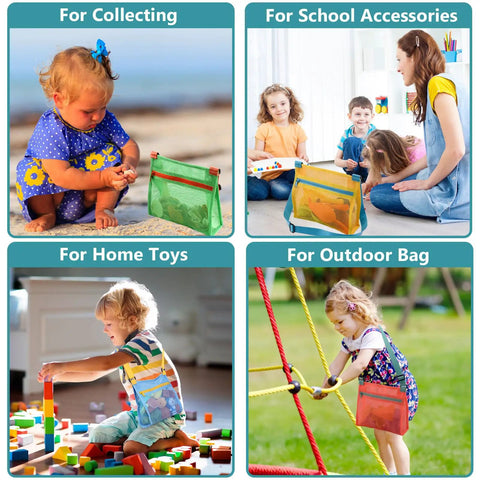 Mesh Beach Bags For Shells Collecting 4 Pack shown in various settings: beach collecting, school accessories, home toys, outdoor play.