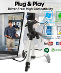 16MP USB Webcam With 4K Resolution for desktop and laptop on tripod near laptop showing video meeting setup