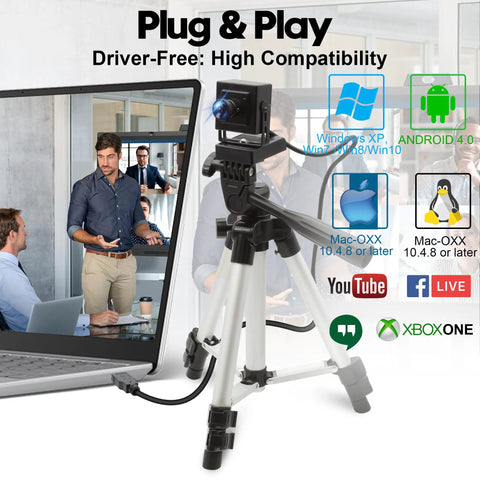 16MP USB Webcam With 4K Resolution for desktop and laptop on tripod near laptop showing video meeting setup