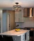 Crystal Semi Flush Mount Ceiling Light With 3 Lights, Black Modern Contemporary Drum Pendant Chandelier in kitchen view