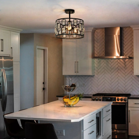 Crystal Semi Flush Mount Ceiling Light With 3 Lights, Black Modern Contemporary Drum Pendant Chandelier in kitchen view
