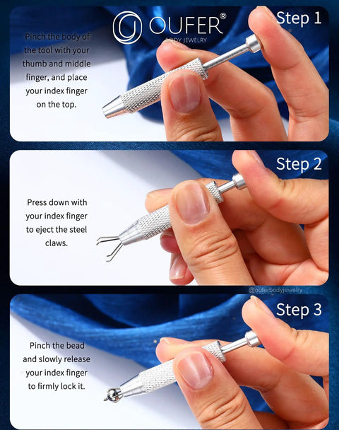 Piercing Ball Grabber Tool For Quick Jewelry Swap Long Nail Friendly with user steps and metal claws shown.