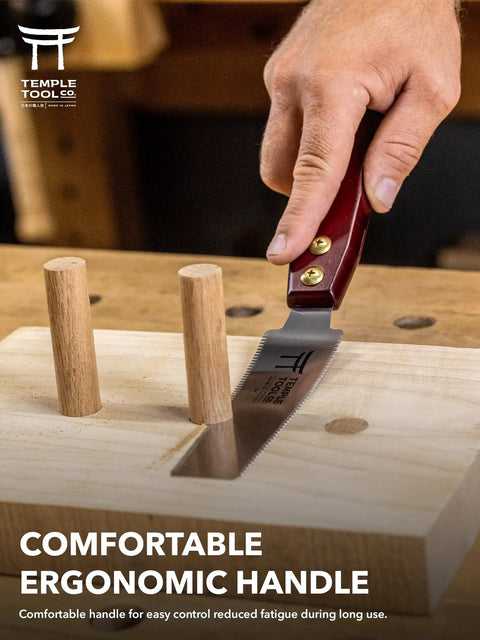 Heavy Duty Six Inch Japanese Flush Cut Saw With Double Edge Pull Design cutting flush dowels in wood, ergonomic handle for precise control.