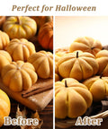 Before and after of pumpkin-shaped cookies on Halloween theme table setting