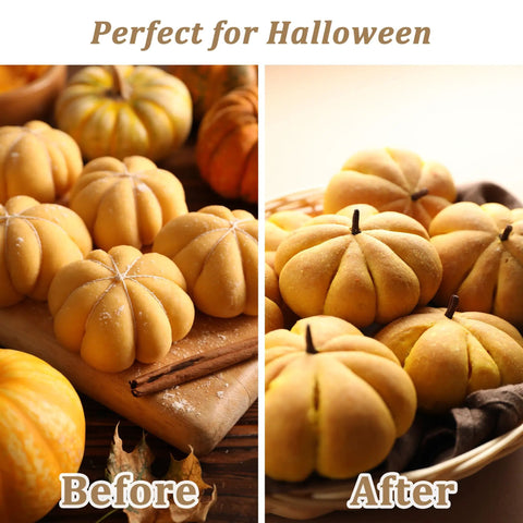 Before and after of pumpkin-shaped cookies on Halloween theme table setting