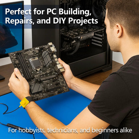 Side view of person wearing a yellow anti-static wrist strap connected to grounding plug, holding a motherboard over a blue work surface.