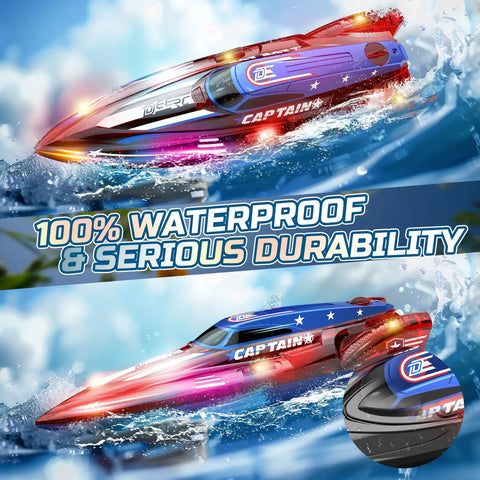 Two Pack 13 Inch Remote Control Boats With LED Lights 2 4Ghz RC race boats for pools and lakes, waterproof and durable design.