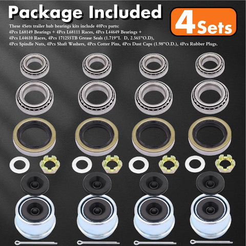 Amazon Taxutor trailer bearing kit for #84 spindle, 4 sets with bearings, seals, dust covers, and spindle nuts