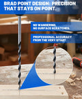 Brad Point drill bit with precise tip on wood surface, part of Built Tough 12 Inch Extra Long Drill Bit Set 10 Piece.