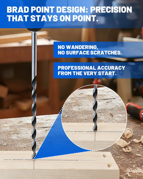 Brad Point drill bit with precise tip on wood surface, part of Built Tough 12 Inch Extra Long Drill Bit Set 10 Piece.