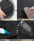 Dog Car Seat Cover for Back Seat Waterproof Nonslip Bench Protector for Cars Trucks and SUVs Soft Durable Shield for Pets Black Ride Ready and Easy Clean Up, shown machine washing, wiping, vacuuming, and shower cleaning.