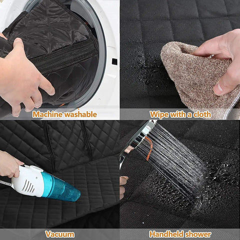 Dog Car Seat Cover for Back Seat Waterproof Nonslip Bench Protector for Cars Trucks and SUVs Soft Durable Shield for Pets Black Ride Ready and Easy Clean Up, shown machine washing, wiping, vacuuming, and shower cleaning.