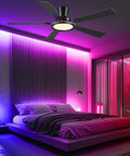 52 Inch Flush Mount Ceiling Fan With Built In Rgb Lights And Dimmable Warming Glow Featuring Brushless Reversible Motor With Six Adjustable Speeds And Low Profile Slim Frame in modern bedroom with purple lighting.