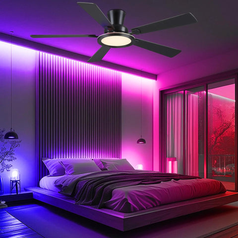 52 Inch Flush Mount Ceiling Fan With Built In Rgb Lights And Dimmable Warming Glow Featuring Brushless Reversible Motor With Six Adjustable Speeds And Low Profile Slim Frame in modern bedroom with purple lighting.
