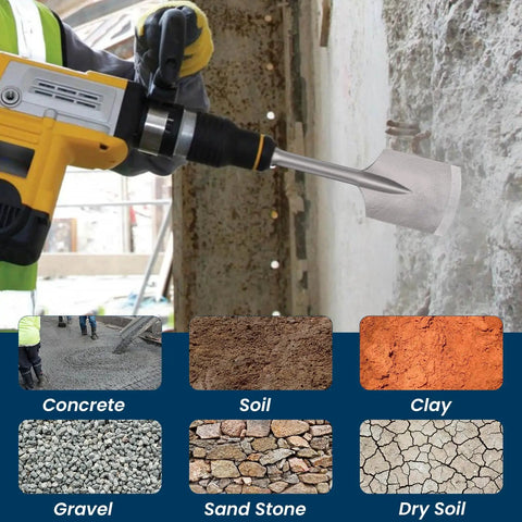 Worker using 65A Shank Clay Spade Jackhammer Shovel Bit 4.3 By 16.5 Inch Alloy Steel Demolition Tool on concrete wall